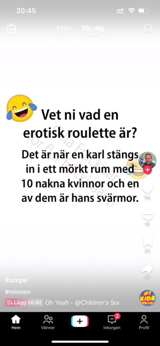 Skärmdump av social media inlägg med skämttext och emoji som skrattar.