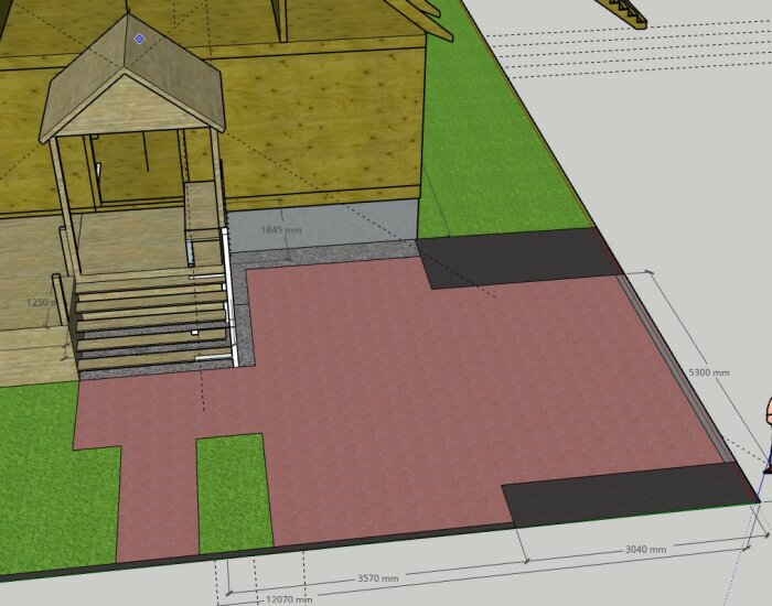 3D-modell av trädgårdsutrymme med pergola, terrass och måttangivelser i designprogram.