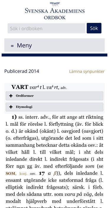 Skärmdump från Svenska Akademiens Ordbok som visar definitionen av ordet "vart".