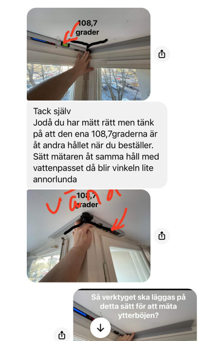 Person mäter en yttervinkel på ett fönster med digitalt vinkelmätarverktyg som visar 108,7 grader.