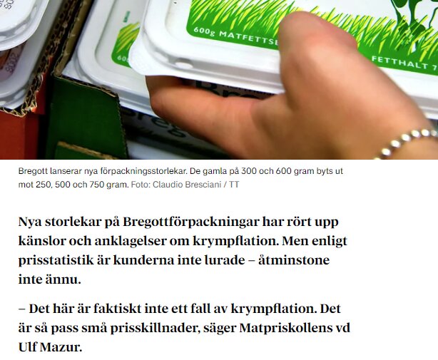 Person håller i ett Bregottförpackning med ny storlek på 600 gram bredvid gamla förpackningsstorlekar.