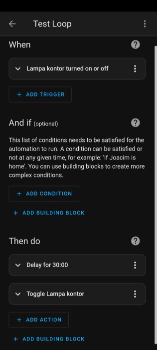 Mobilskärmdump av automationsinställningar för att styra lampa med timervillkor och åtgärder.