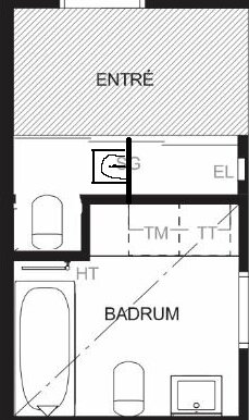 Svartvit planritning av en lägenhet; visar entré, badrum, möblering och symboler för eluttag och hushållsmaskiner.