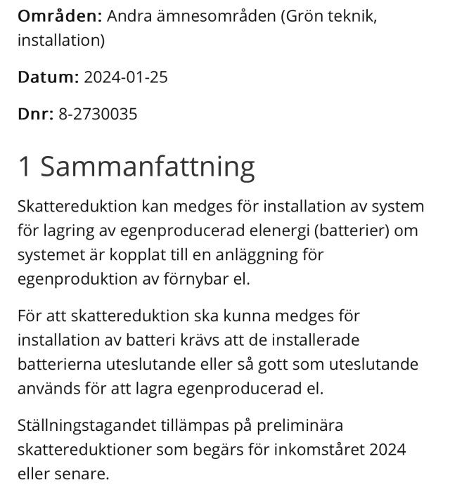 Dokument om skattereduktion för installation av system för lagring av egenproducerad förnybar energi.