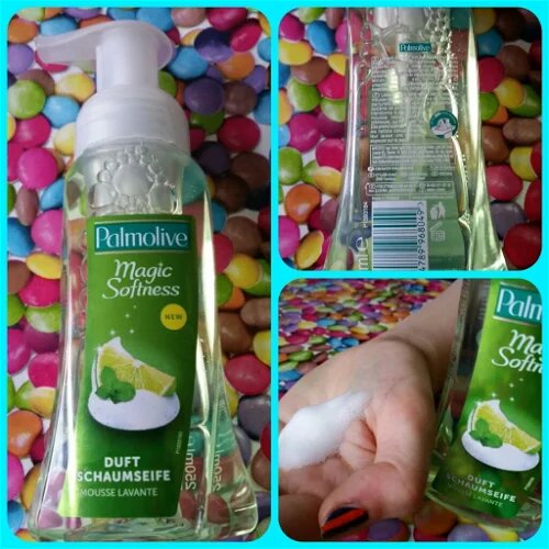 Fyrdelad bild visar Palmolive Magic Softness skumtvål med Hallon, flaskan framifrån, baksidan, och skummet på en hand.