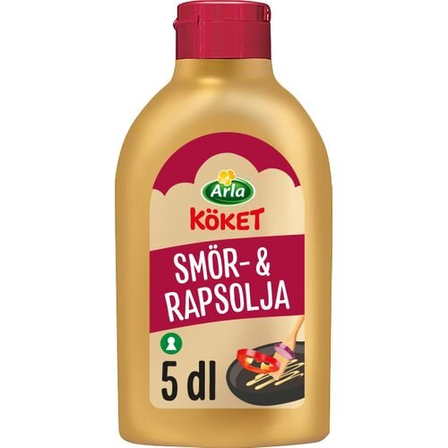 Flaska av Arla Köket smör- och rapsolja på 5 dl med logotyp och produktbeskrivning.