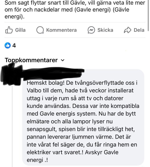 Skärmbild från Facebook, med kommentar om negativ erfarenhet av energibolag.