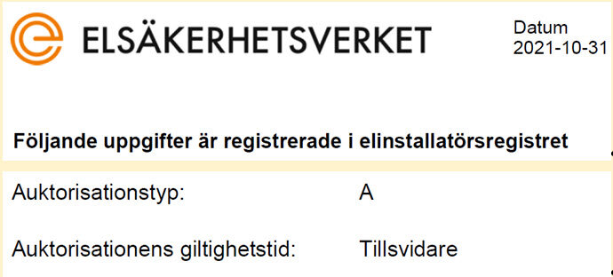 Elsäkerhetsverkets behörighetsbevis med auktorisationstyp A och giltighetstid tillsvidare.