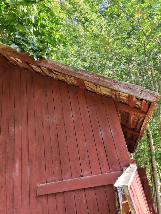 Rödmålat trähus med lutande tak, omgivet av gröna träd och lövverk. Träkonstruktion och traditionell arkitektur.