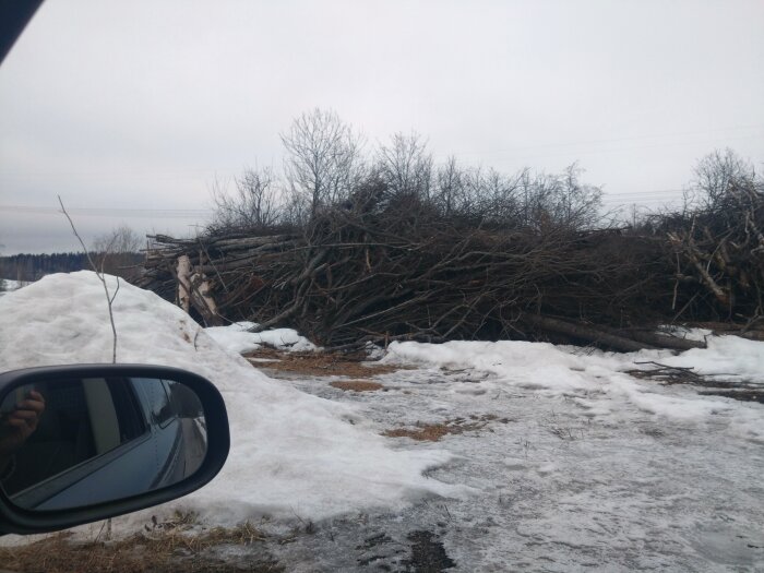 Stor hög med grenar och ved på en vedhandlares mark, sett från bil med snö på marken.