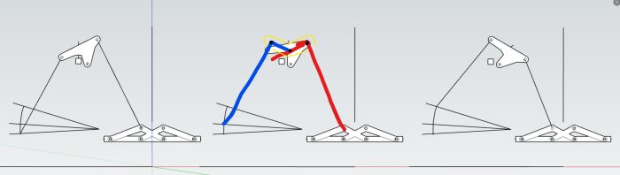 Sekvens av fyrstegs mekanisk rörelse, kulledad, skisser, simulerad datormjukvara, blå och röd framhävning.