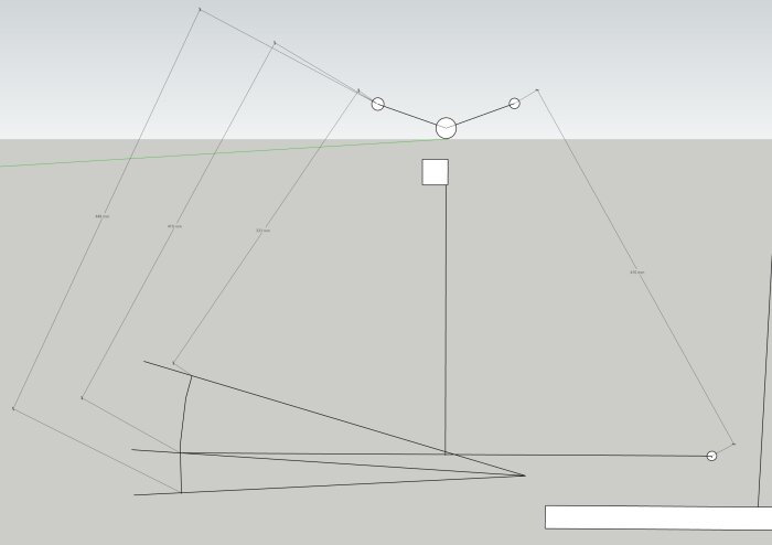 Schematisk ritning, perspektiv, geometriska former, linjer, måttmarkeringar, två kuber, gråtoner, ingen färg.