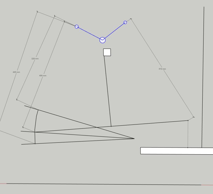 Teknisk ritning/rendering av mekanisk konstruktion med måttangivelser och kinematiska leder.