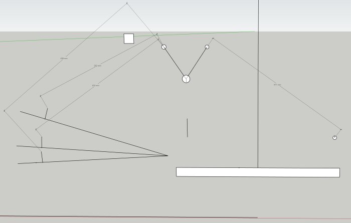 Skiss av fordonets hjulupphängning med märkta mått och vippans rotationspunkt.