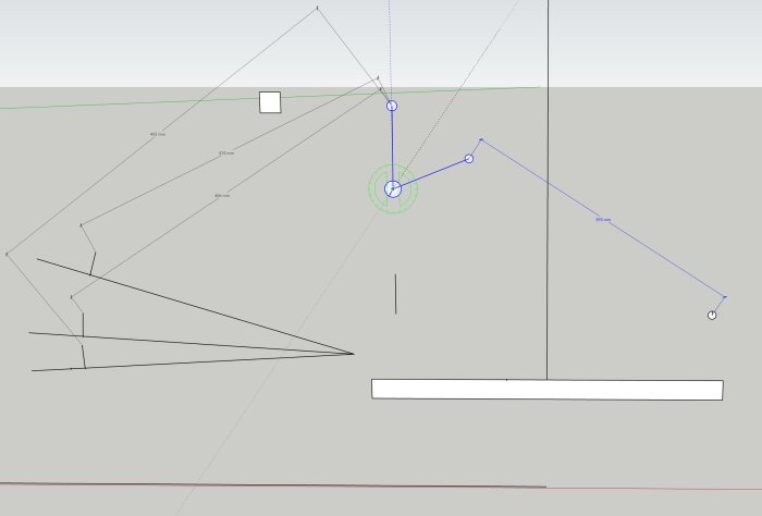 Konstruktionsritning av upphängningssystem med markerade mått och rotationspunkter.