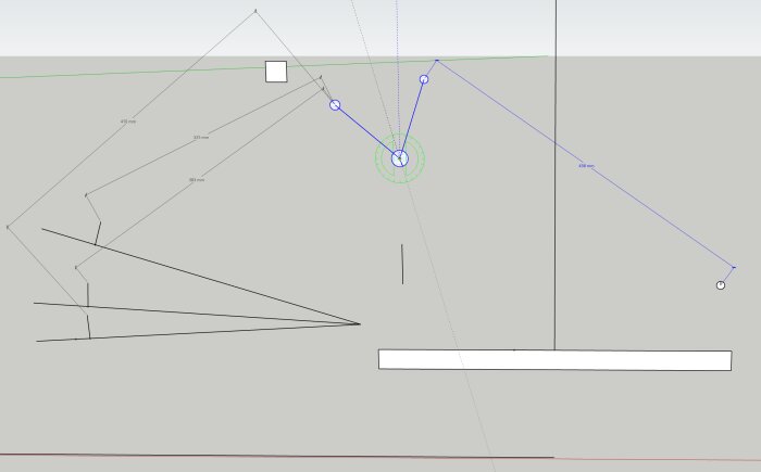 Teknisk ritning av fordonets hjulupphängning och dess komponenters rörelser och dimensioner.