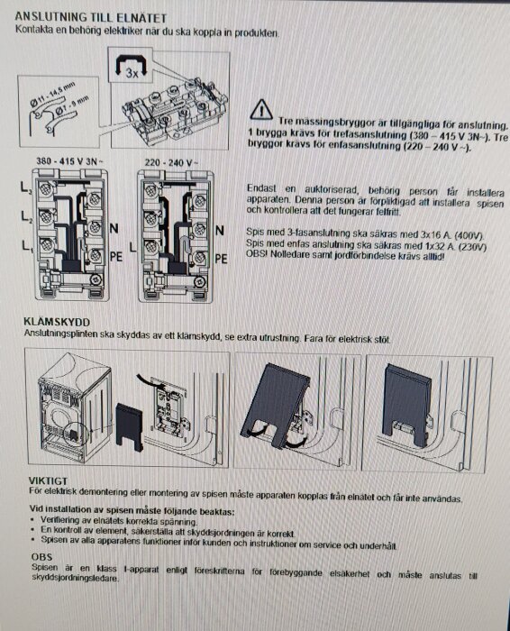 Manualsidan som visar elanslutningsinstruktioner för Cylinda-spisen med diagram och text.