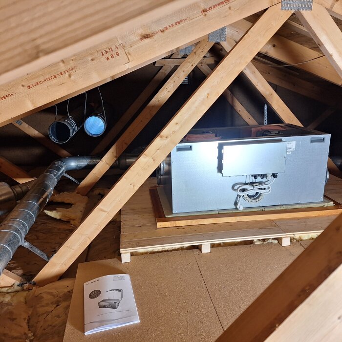 Vindutrymme med synliga träbjälkar och mekanisk ventilation. Installationshandbok på isolering. Kablar och ventilationssystem synliga.