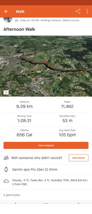 Skärmdump av aktivitetsspårning visar eftermiddagspromenad på kartan, sträcka 9,29 km, 11,462 steg, tids- och kaloridata.