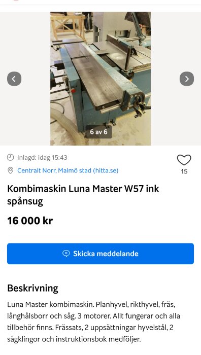 Combimaskin Luna Master W57 till salu på Blocket, med planhyvel och olika tillbehör.