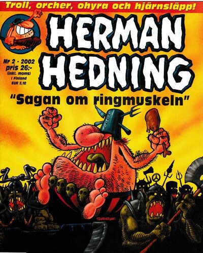 Satirisk teckning av en röd karaktär och små monster med en titel "Herman Hedning - Sagan om ringmuskeln".