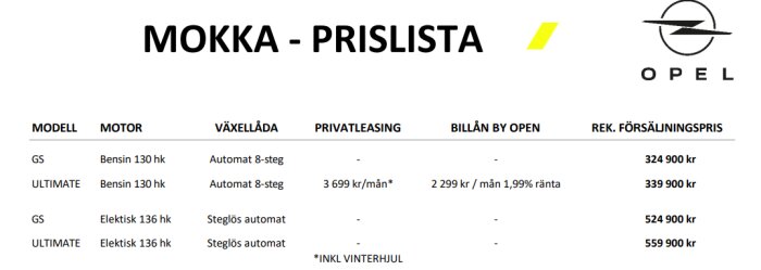 Prislista för Opel Mokka med modeller, motorer, växellådor, privatleasing och rekommenderade försäljningspriser.