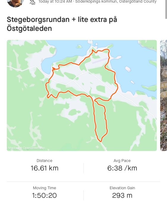 Karta med markerad rutt för Stegeborgsrundan på Östgötaleden, löpardata inklusive distans och tid.