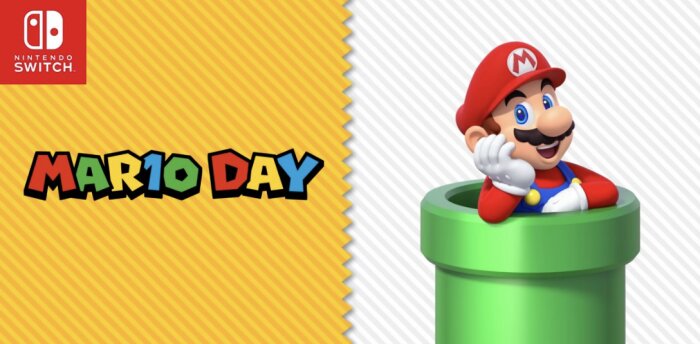 Animerad figur med röd keps och blå hängselbyxor tittar upp från en grön rörsektion med texten "MAR10 DAY" ovanpå, Nintendo Switch-logotypen till vänster.