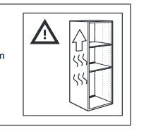 Illustration av ventilationsinstruktioner för skåp med uppåtriktat luftflöde och varningssymbol.