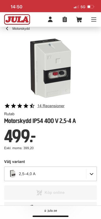 Motorskydd IP54 400V 2,5-4 A från Jula som visas på en produktbeskrivningssida med pris och användarrecensioner.