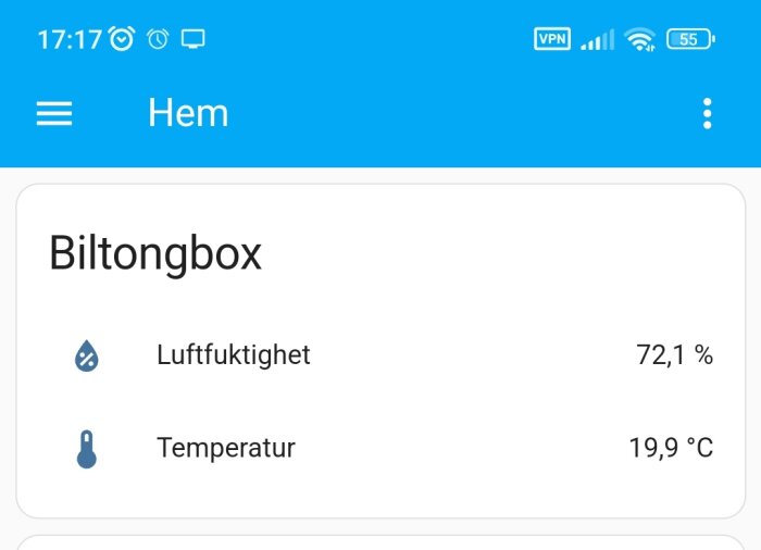 Skärmdump av mobilapp visar status för en "Biltongbox" med luftfuktighet 72,1% och temperatur 19,9°C.