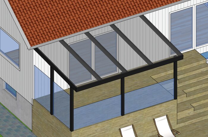 3D-rendering av en uteplats med tak, stolar och del av hus.