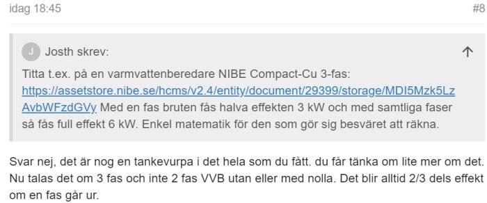 Skärmdump av ett diskussionsforumsinlägg om Nibe Compact 3-fas varmvattenberedare.