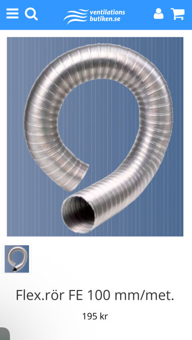 Flexibelt ventilationsslangrör FE 100 mm på en webbutikssida med prisangivelse.