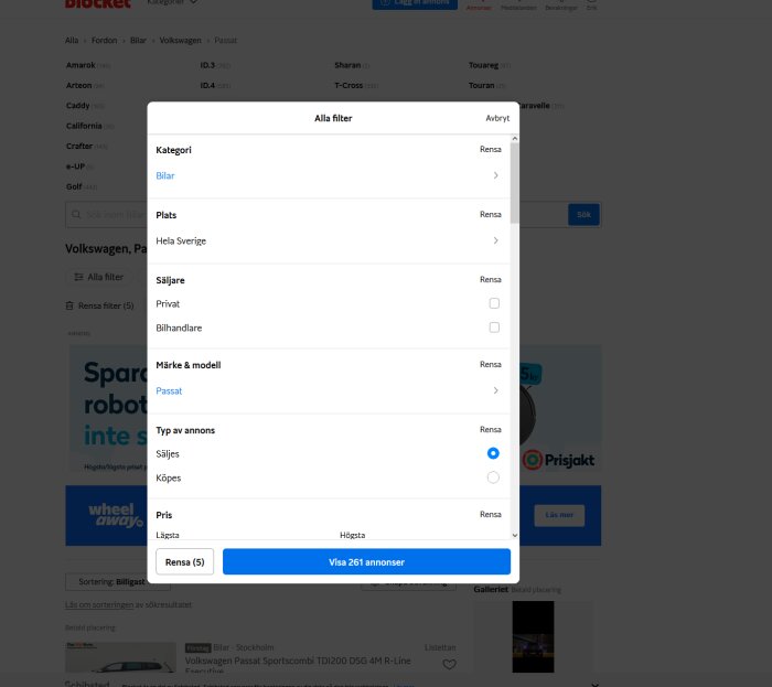 Skärmdump av Blockets webbsida med filtermeny för bilkategorin öppen, användarens användarnamn syns övre högra hörnet.