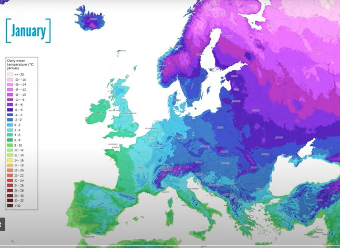 Kartan visar genomsnittlig dagstemperatur i Europa i januari, färgkodad från kall (lila) till varm (grön).