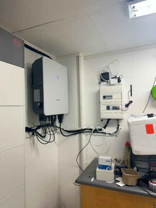 Elektrisk installationsvägg med inverter, elcentral, kablar och mätutrustning i tekniskt utrymme.