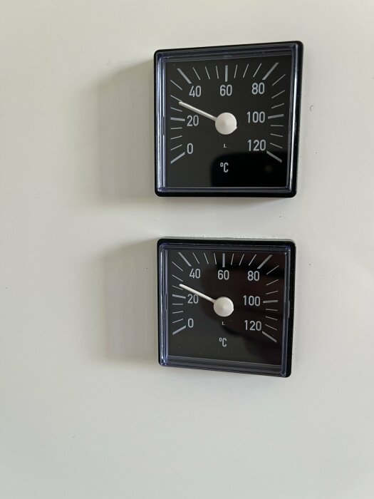 Två svarta termometrar på en vit vägg som visar temperatur i grader Celsius.