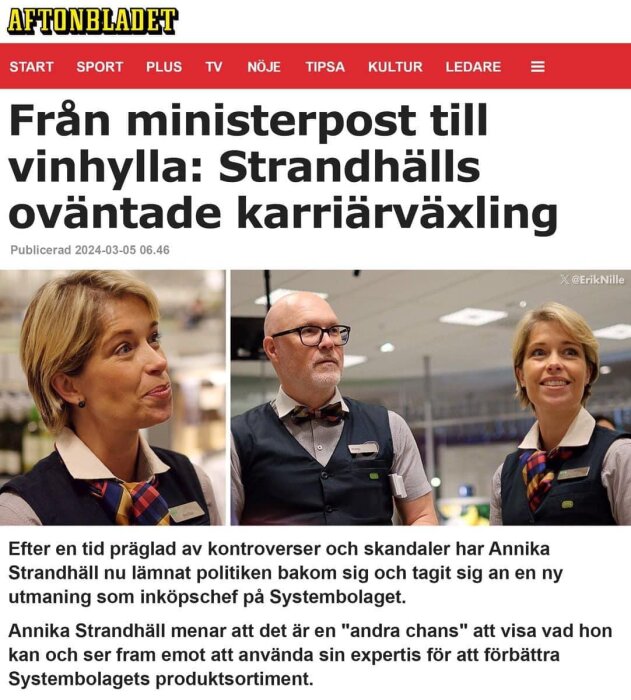 Artikel om före detta minister som startar ny karriär, nu inköpschef på Systembolaget, efter kontroverser och skandaler.