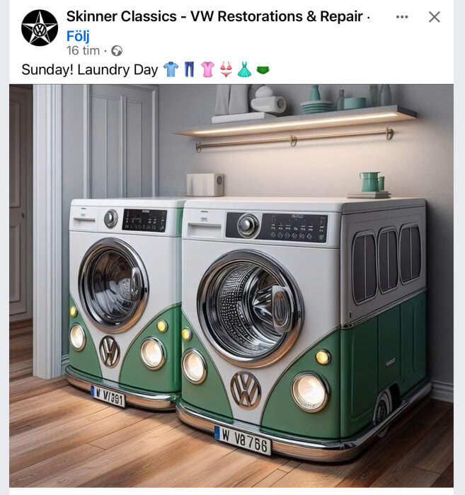 Tvättmaskiner designade som VW-bussar i en modern tvättstuga.