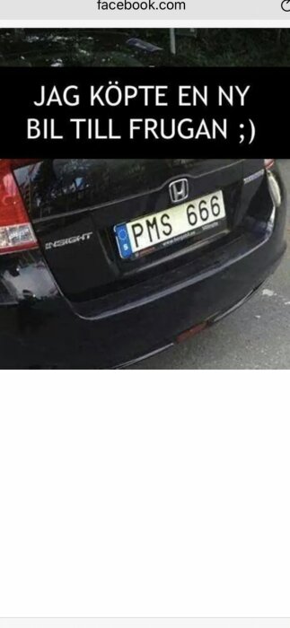 Bakdelen av en svart Honda Insight med registreringsnummer PMS 666.