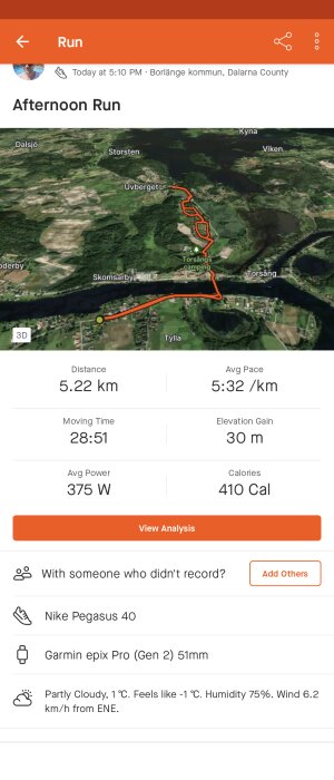 Skärmdump av en löpsträckas karta och statistik: 5,22 km, tid 28:51, tempo 5:32/km, höjdskillnad 30 m.