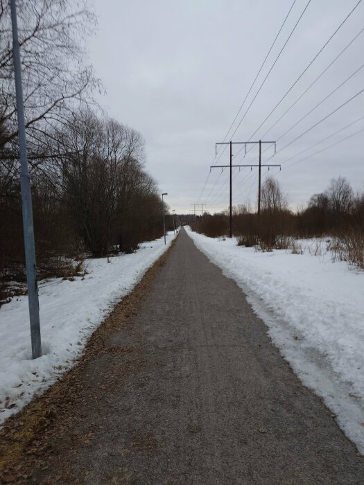 Grusväg med snö på sidorna och elledningar ovanför under en mulen himmel.