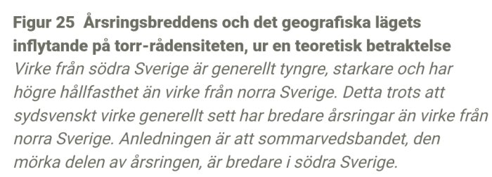 Bilden visar text om årsringsbredd och geografiskt läges påverkan på trädensitet i Sverige.