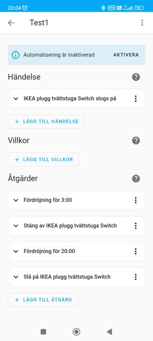 Skärmdump av automatiseringsinställningar på en mobilapp med händelser och åtgärder för IKEA-plugg.