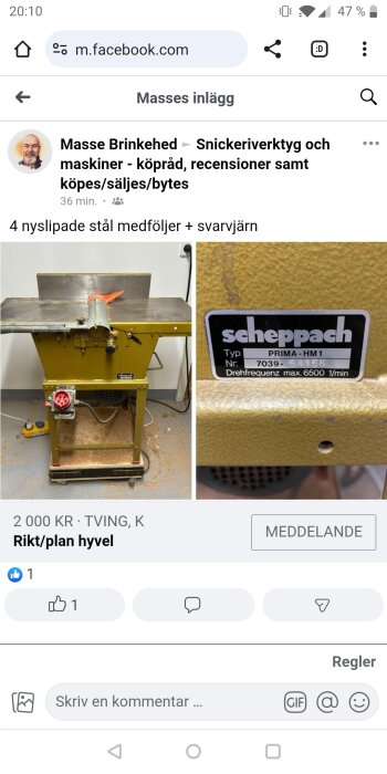 Gul stationär hyvelmaskin av märket Scheppach, modell PRIMA-HM1, med spån och hyvelstål i arbetsrum.