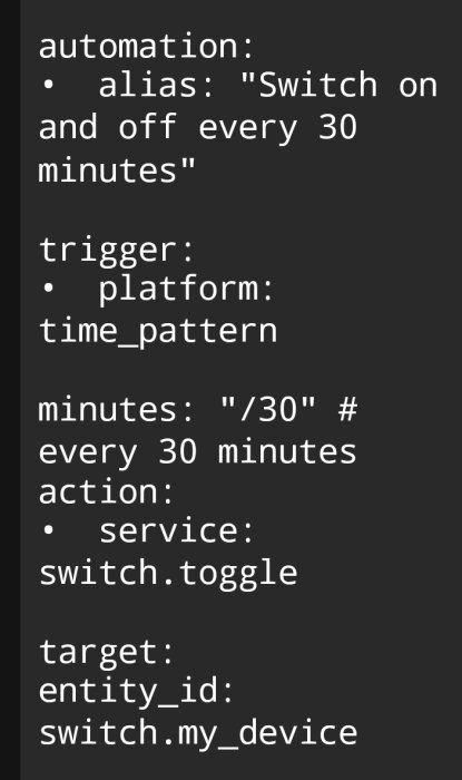 Skärmdump av kod för hemautomatisering för att växla en enhet på och av var 30:e minut.
