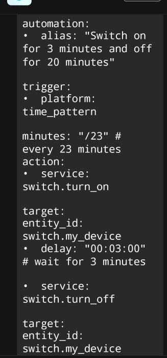 Skärmdump av kod för att schemalägga automatisk på- och avstängning av en enhet var 23:e minut.