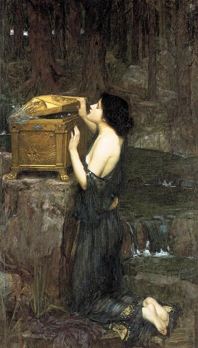 En kvinna knäböjer, lyssnar vid en gyllene kista i en mystisk skog.