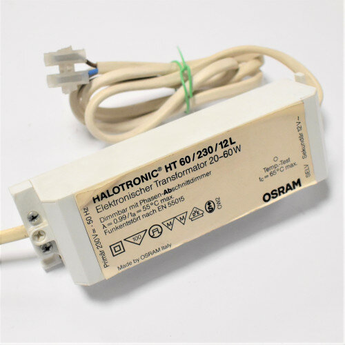 Elektronisk transformator för belysning, märkt "HALOTRONIC HT 60/230/12L", avsedd för 20-60W halogen- eller LED-lampor.